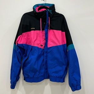 Columbia vintage ski jacket in neon pink, black, blue, and teal